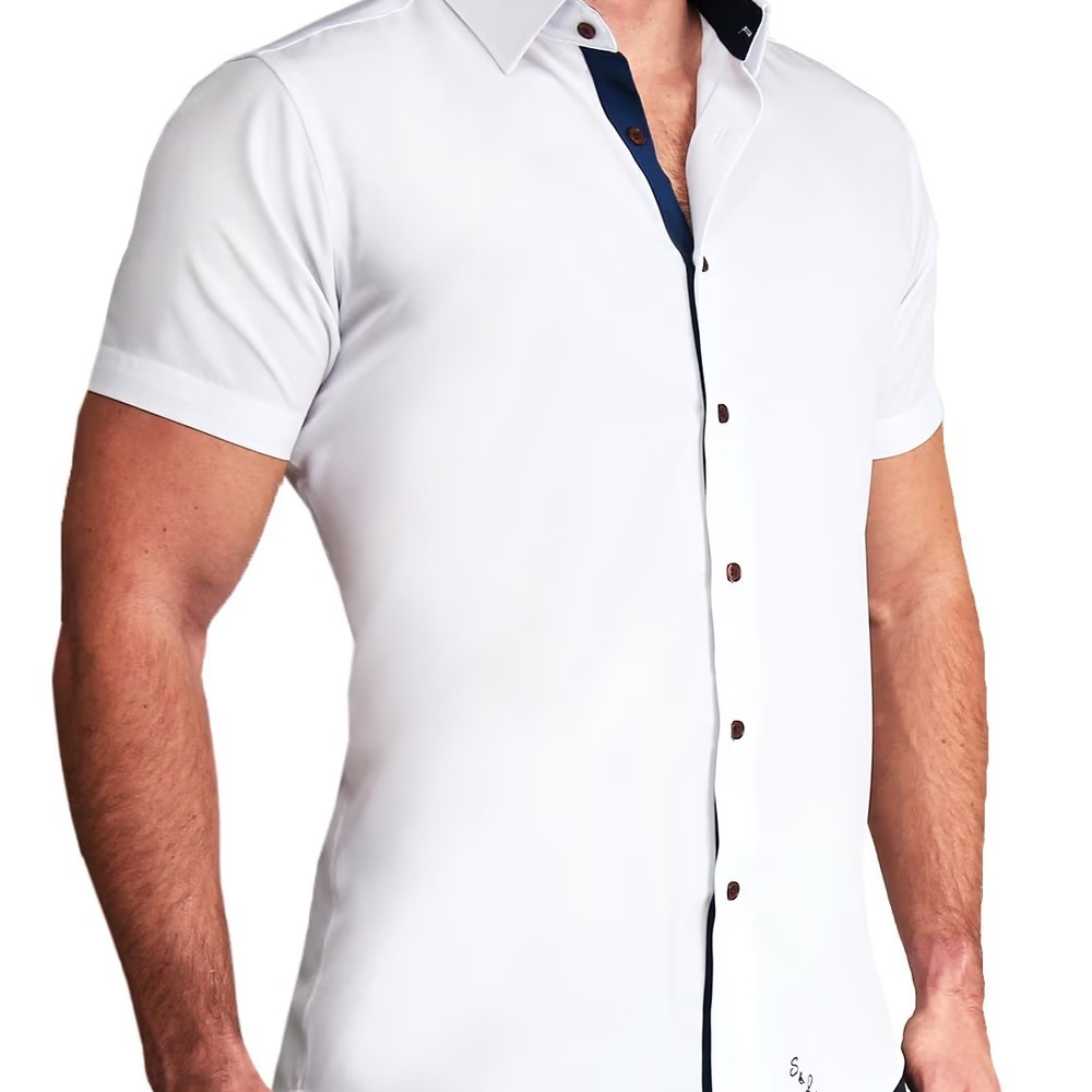 Men's White Short-Sleeve Button-Down Shirt with Navy Trim